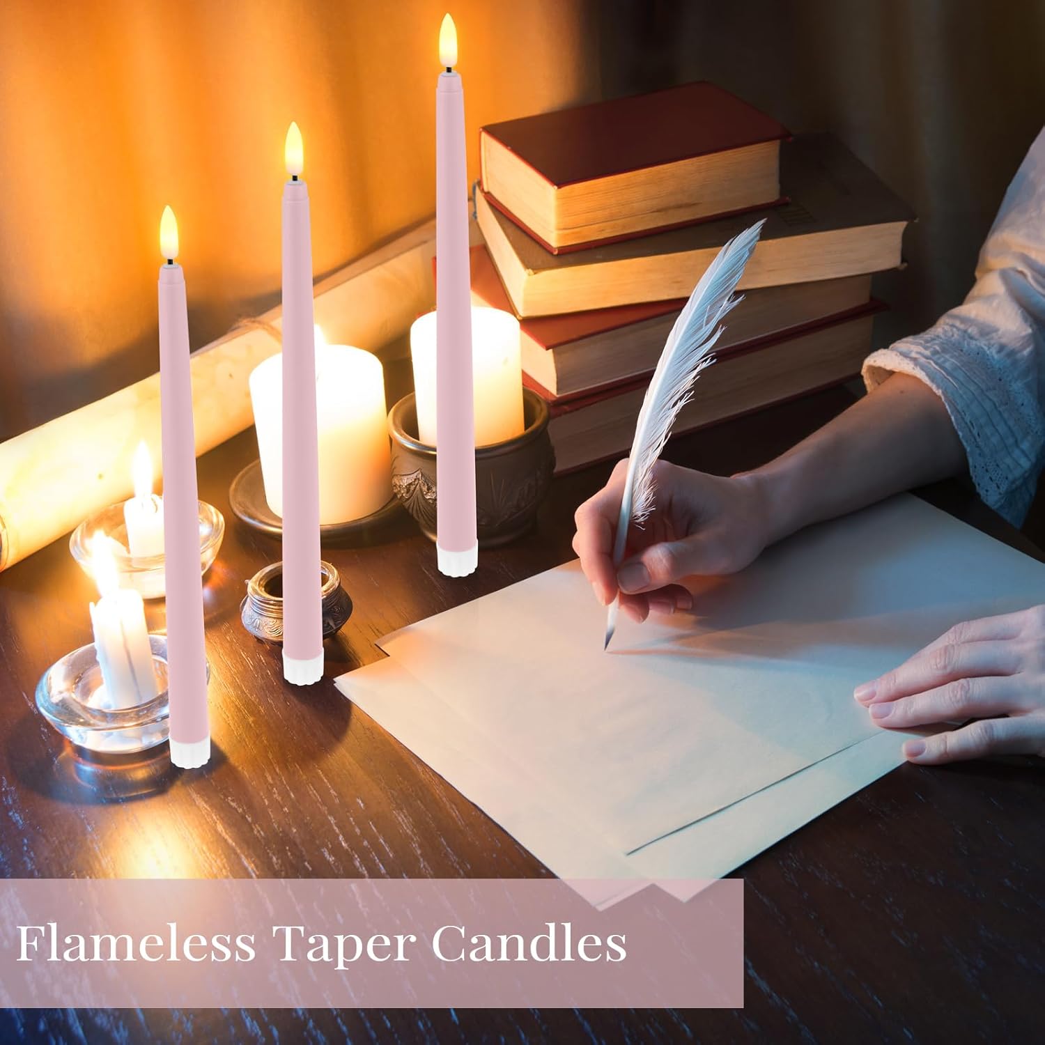 Macarrie 24 Packs Flameless Taper Candles Battery Operated Fake 11 Inch Long Candlelight LED Flameless Candlesticks Flickering Tapered for Christmas Church Prayer New Year Wedding(Pink)